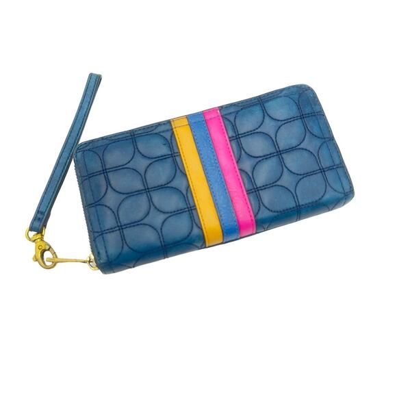 FOSSIL Blue zip around Wallet with Pink and Yellow Stripes